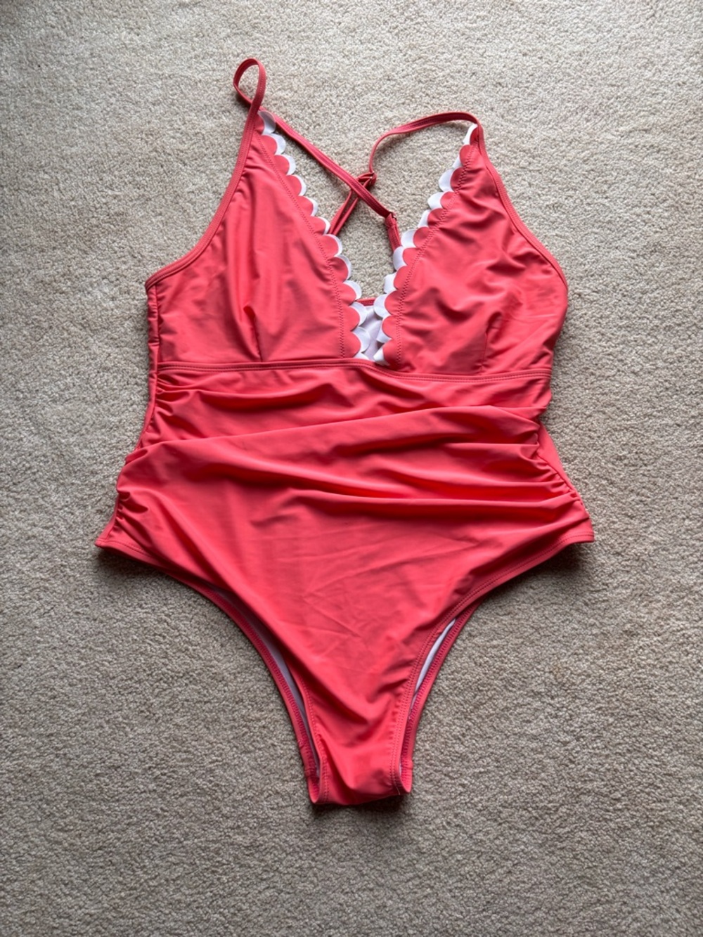 Coral Scalloped One Piece Swimsuit Ruched Waist Crisscross Back 2XL